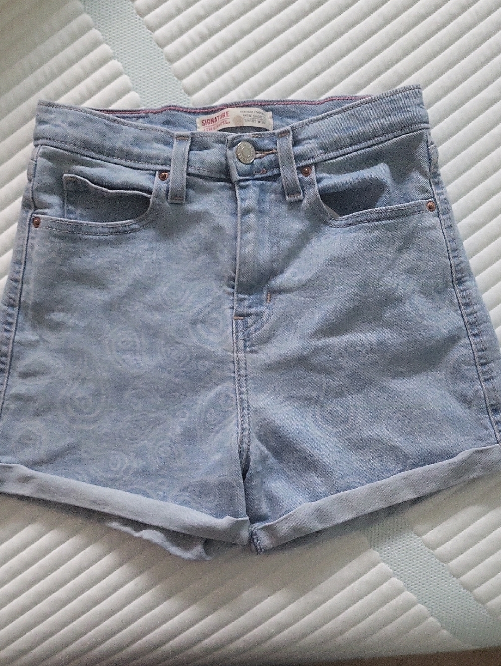 Signature Light Blue Paisley High-Rise Denim Shorts